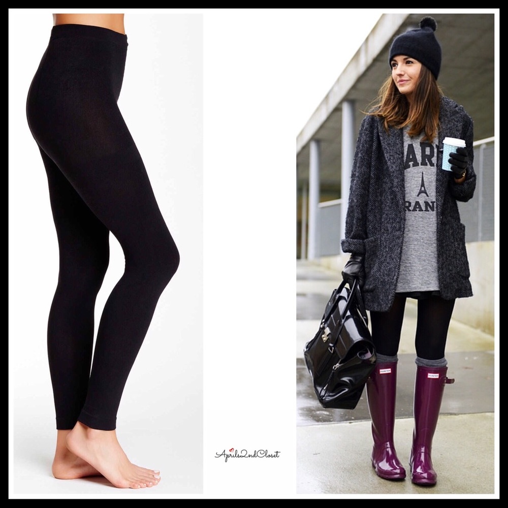 BLACK FLEECE LINED LEGGINGS FOOTLESS TIGHTS - Picture 1 of 8